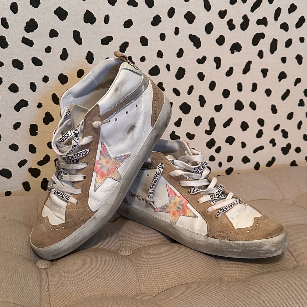 Golden Goose White and Brown Sneakers with Star Accent